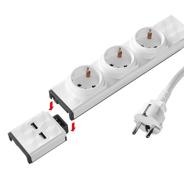 Modular System 2m Cable/ 3 sockets + 2 x USB module + On/Off switch